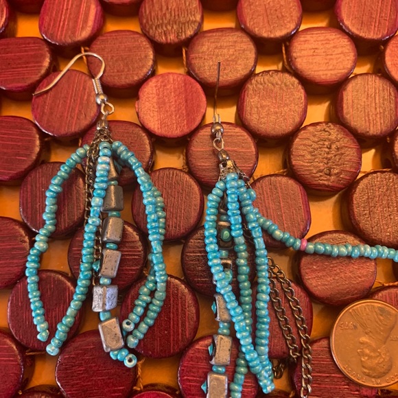 Hand painted blue beaded multi strand earrings. - Picture 4 of 4